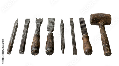 Set of traditional marble sculpting tools isolated on white background, perfect for sculpture craft design projects, and creative projects, high quality visuals, modern branding needs