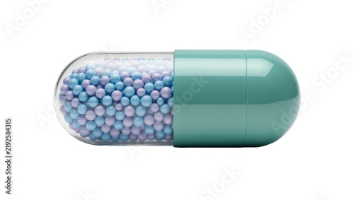 Fotografie Teal capsule filled with blue and purple spheres, isolated on transparent backgr