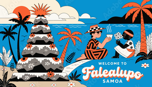 Welcome to Falealupo Samoa: Tropical Paradise Illustration with Palm Trees, Ocean, and Polynesian Culture