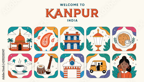 Welcome to Kanpur, India: Collage of Traditional Symbols and Landmarks