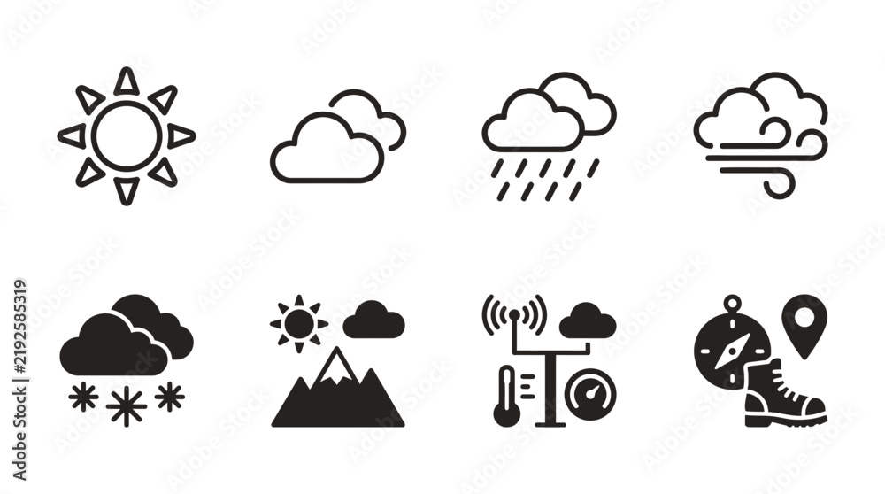 Obraz premium Weather conditions and navigation icons representing forecast and outdoor travel with forecast mountain navigation