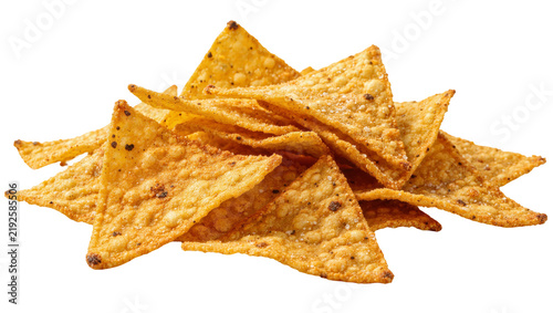 Quadro su tela Crispy golden corn tortilla chips piled high, isolated on transparent background