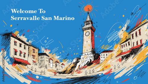 Welcome to Serravalle San Marino: Illustrated Italian Townscape with Clock Tower and Blue Sky