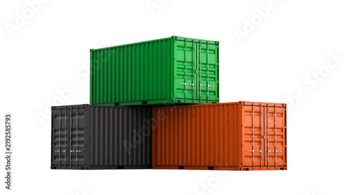 Stack of three colorful shipping containers green orange and black, isolated on transparent background