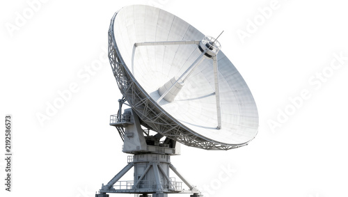 Large metallic satellite dish antenna with complex support structure, isolated on transparent background