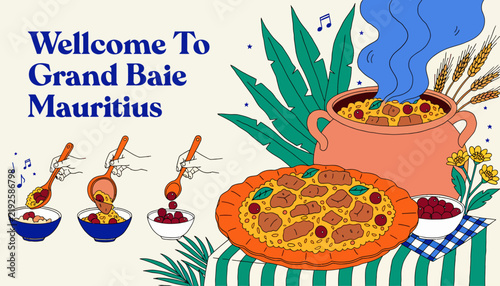 Welcome To Grand Baie Mauritius: Delicious Food Illustration with Tropical Plants and Folk Art Elements