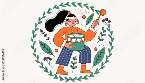 Woman Drumming and Singing in a Floral Wreath - Cultural Celebration and Joyful Expression Illustration