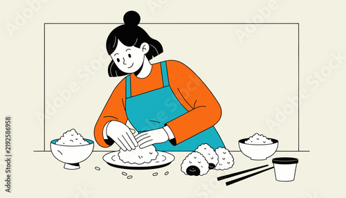 Woman Making Onigiri Rice Balls, Japanese Food Preparation, Delicious Asian Cuisine Illustration