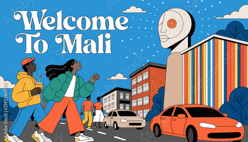 Welcome to Mali illustration: Diverse people, modern art, vibrant city life, and cars