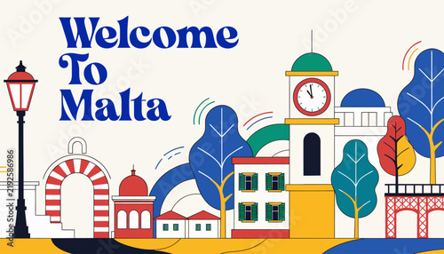 Welcome to Malta - Vibrant Illustration of Maltese Architecture and Landmark with Text