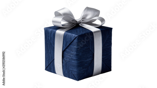 Dark blue textured gift box with silver ribbon and bow, isolated on transparent background