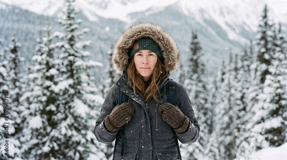Fototapeta premium Woman in winter coat with fur hood and knit mittens standing in snowy forest with mountains in background Winter atmosphere