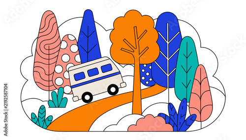 Whimsical Van Traveling Through a Stylized Forest Landscape with Abstract Trees and Warm Colors