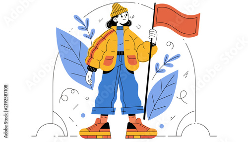 Woman with Flag, Confident Leader, Innovation, Teamwork, Goal Achieved, Flat Illustration Style