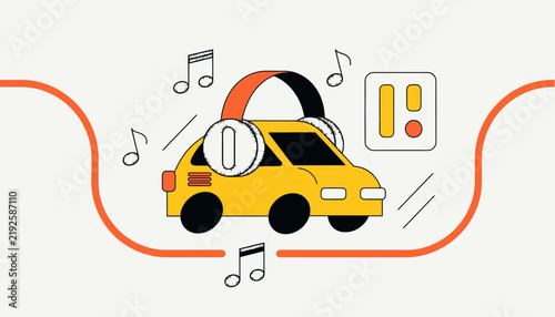 Yellow Car with Headphones Playing Music, Sound Waves and Music Notes, Drive to My Music Concept