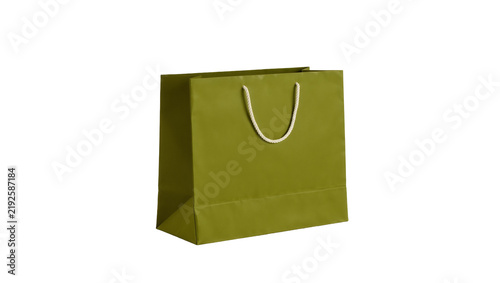 Olive green paper shopping bag with rope handles, isolated on transparent background