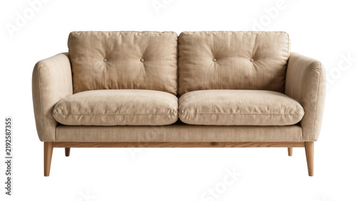 Картината върху платно Tufted beige fabric sofa with wooden legs, isolated on transparent background