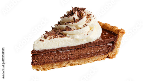 Rich chocolate pie slice with whipped cream and chocolate shavings, isolated on transparent background