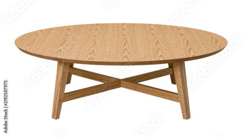 Round oak wood coffee table with criss-cross legs, isolated on transparent background