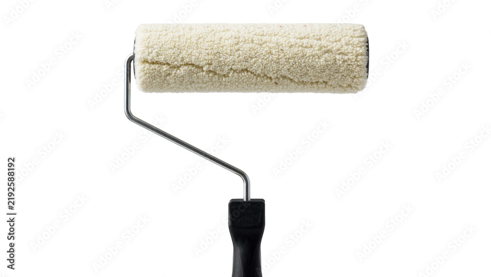 Obraz premium Fluffy cream paint roller with metal frame and black handle, isolated on transparent background