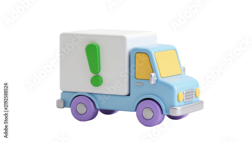 Blue delivery truck with green exclamation mark on cargo box, isolated on transparent background