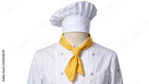 Bild auf Leinwand Chef s white toque and uniform with yellow ascot, isolated on transparent backgr