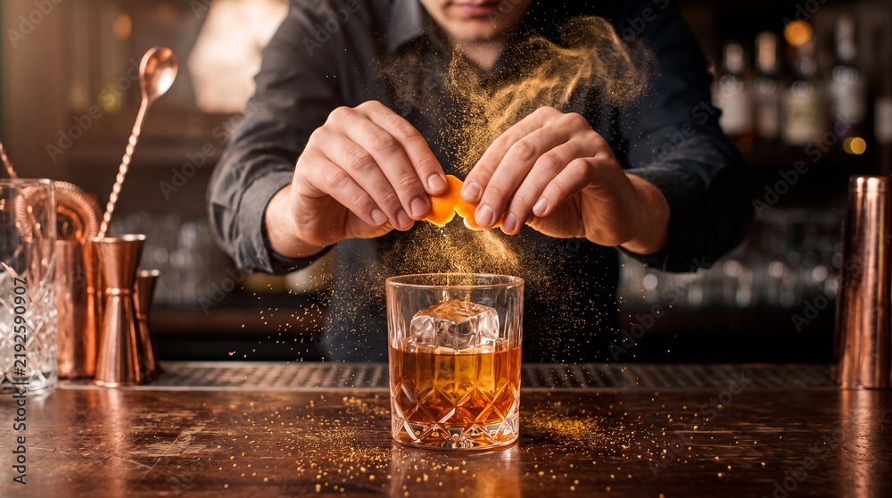 Obraz premium Professional bartender squeezing an orange peel to release essential oils over a classic cocktail with a sphere ice cube