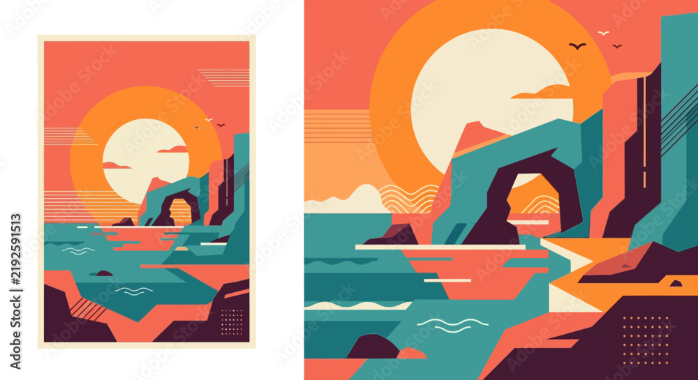 Naklejka premium Minimalist Flat Vector Illustration of a Tropical Seascape at Sunset