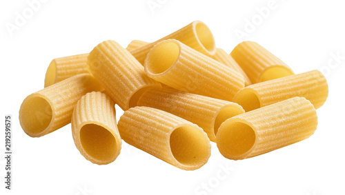 Obraz na plátně Pile of ribbed rigatoni pasta tubes, isolated on transparent background