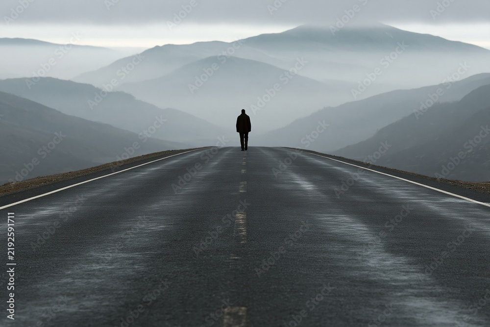 Obraz premium Silhouette walking on empty road toward mountains