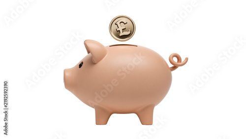Pink ceramic piggy bank with gold pound coin falling into slot, isolated on transparent background
