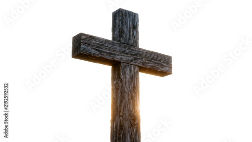 Cuadro en lienzo Rough weathered wooden cross with sun flare, isolated on transparent background