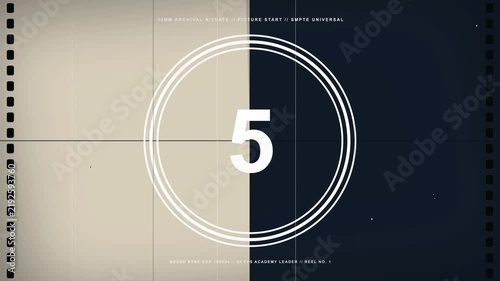 Vintage cinema film leader countdown clock with authentic film grain texture for classic movie projection introduction sequence 4K animation