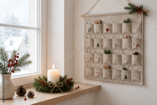 Fabric advent calendar with candle, pine cones, and red berries on window ledge