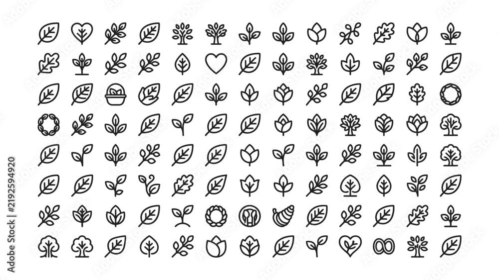 Fototapeta premium Minimalist vector icon set featuring various leaf and tree designs for sustainable branding and eco friendly website graphic projects