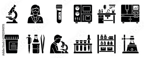 Collection of black glyph icons representing laboratory equipment and scientific research, featuring a microscope, test tubes, beakers, and scientists working in a clinical setting