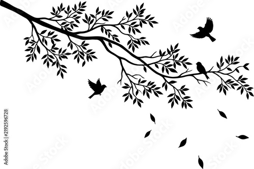 Vector silhouette illustration features a natural tree branch with falling leaves and a small flock of wild birds flying in the spring sky