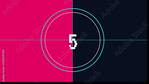 Retro pixel art countdown timer with glowing neon circle overlay on a split pink and dark blue background 4K animation