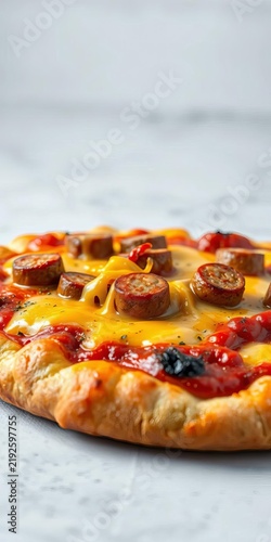 Sausage and melted cheese pizza on a light stone surface