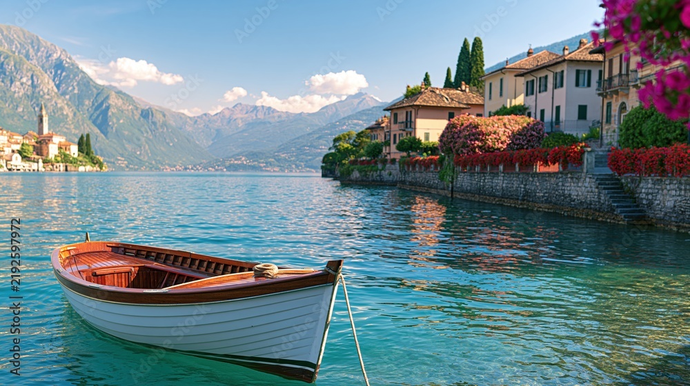 Obraz premium Small wooden boat floats on calm lake near
