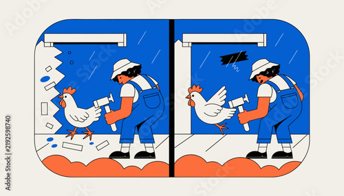 Worker in hard hat holding chicken in office