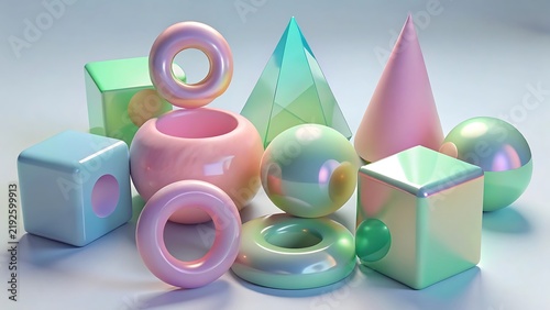 Pastel colored 3D shapes and objects on a white background