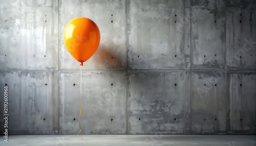 Orange Balloon Floating Against a Concrete Wall in an Empty Room.
