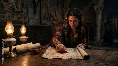 The wicked Queen Jezebel coldly writing letters and sealing them with King Ahab’s royal signet ring to have Naboth murdered