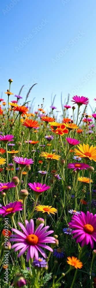 Obraz premium Colorful wildflower meadow beneath clear blue sky