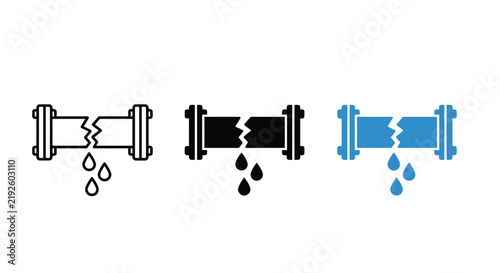 Broken pipe with leaking water droplets a flat vector illustration