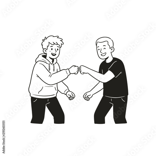 Two happy young men doing a fist bump greeting outdoors