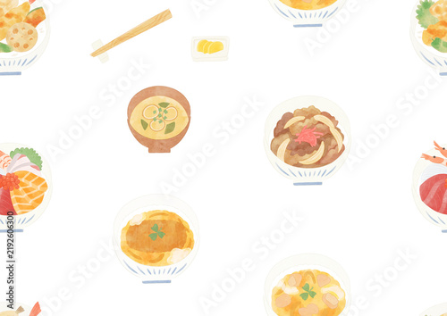 いろいろな丼と味噌汁のシームレスパターン　水彩風