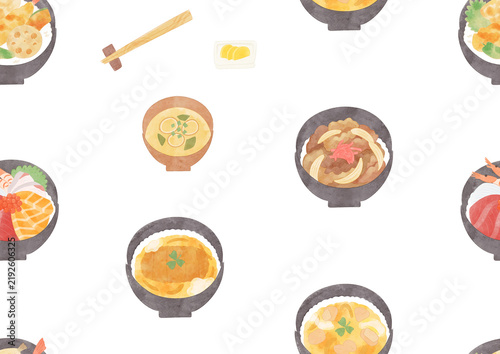 いろいろな丼と味噌汁のシームレスパターン　水彩風