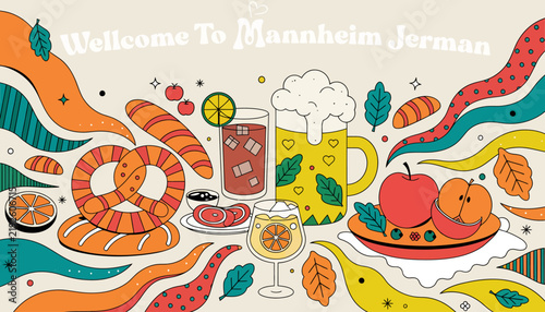 Welcome to Mannheim, Germany, illustration with beer and food